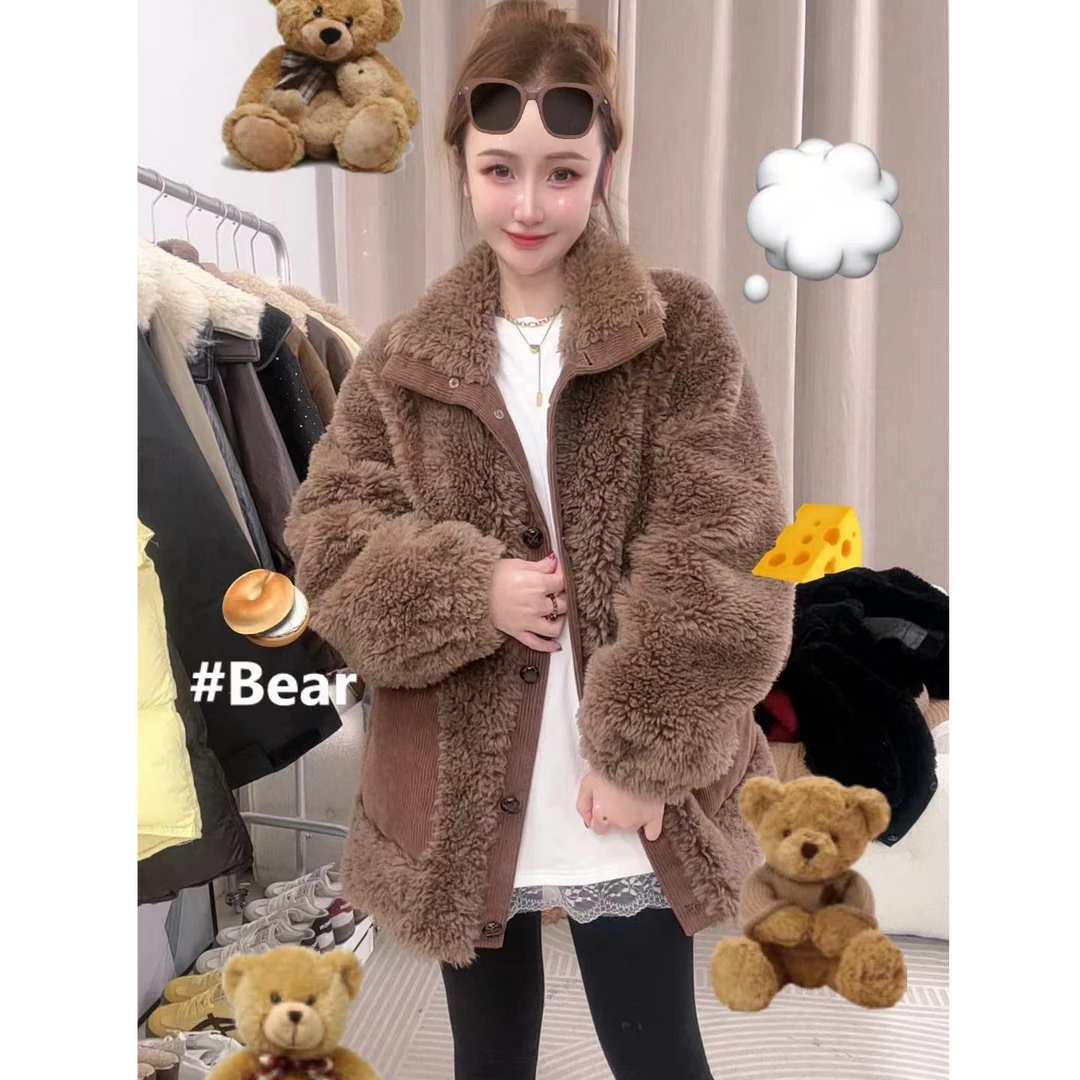 咖色外套女冬季2024新款复古慵懒风立领宽松毛毛上衣