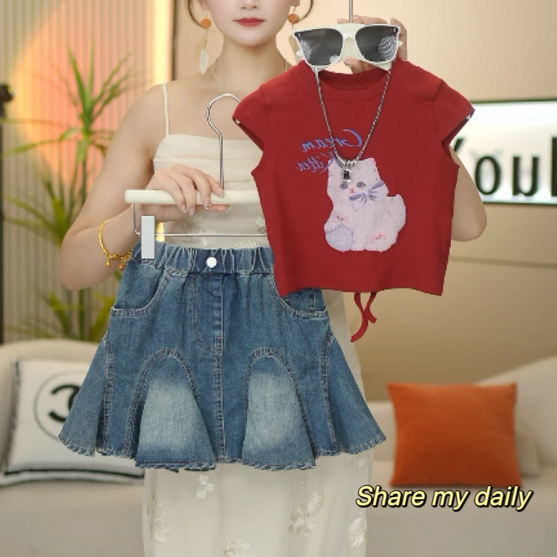 女童2025夏季新款洋气短袖+牛仔裙（有安全裤）两件套-6220