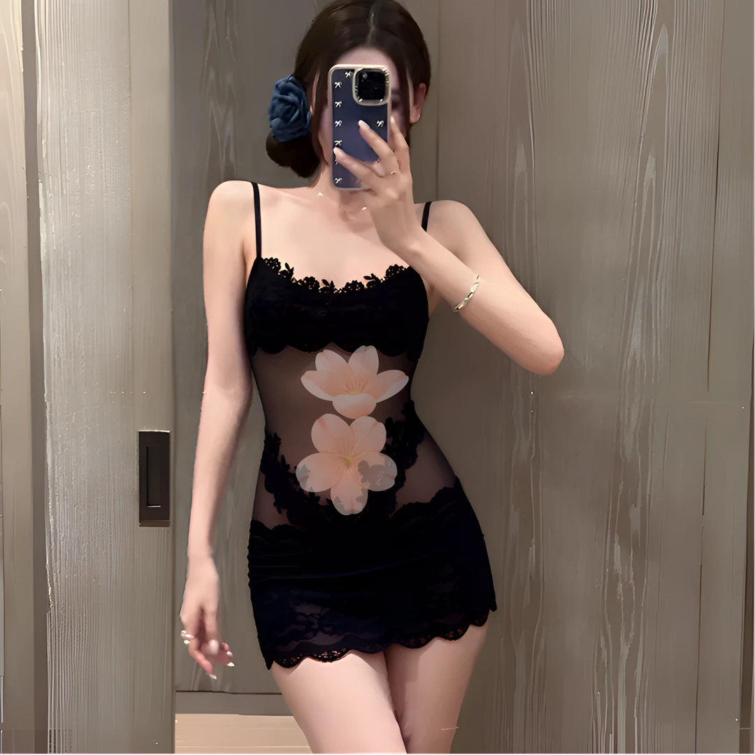 夏季爆款性感蕾丝吊带睡裙高级感网纱设计美背镂空法式小黑裙睡衣