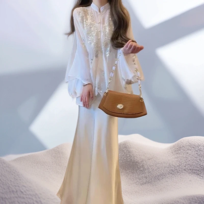 新中式国风旗袍套装女春季大码胖mm上衣鱼尾半身裙气质独特两件套