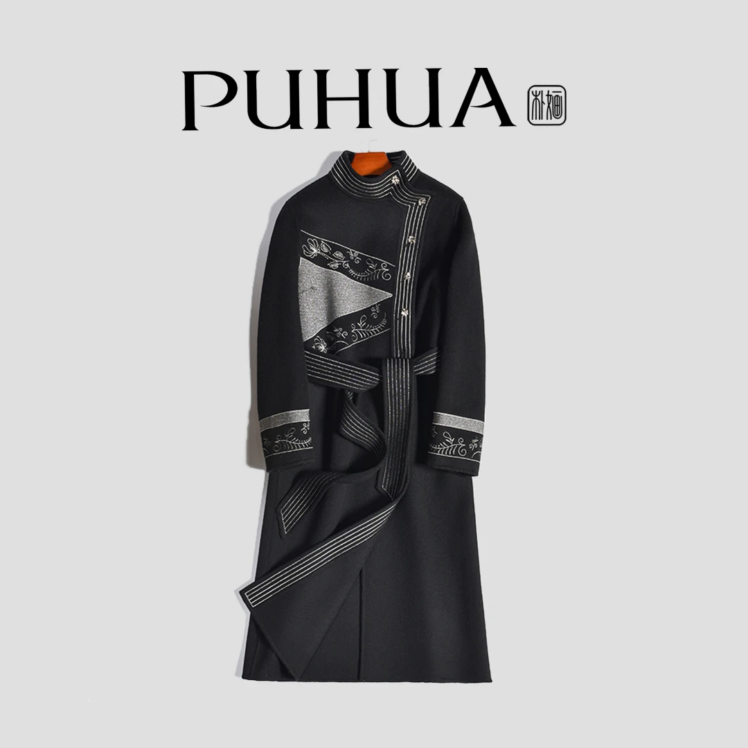 【PUHUA-朴婳】2025秋冬新款设计师中长款银丝刺绣女装大衣2021025