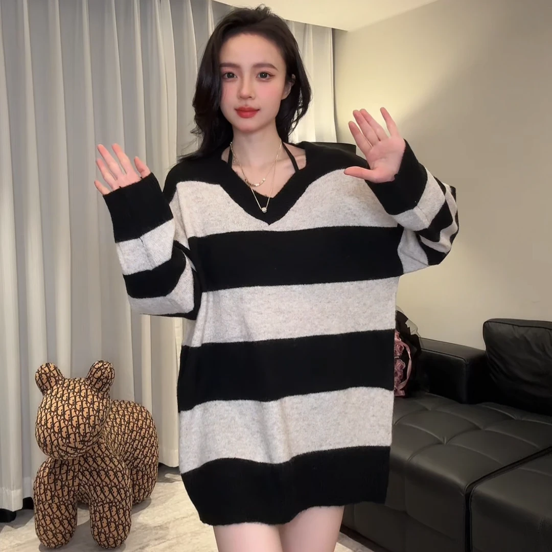 慵懒风撞色2025秋季新款宽松条纹显瘦针织V领飘带百搭针织衫上衣