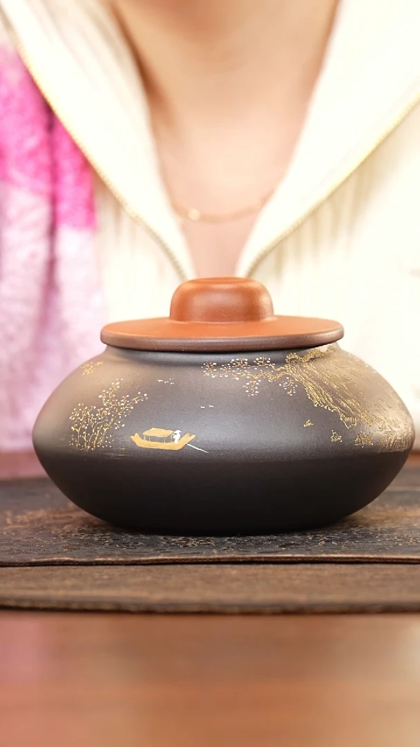 紫砂茶叶罐黑料泥绘山水醒茶罐