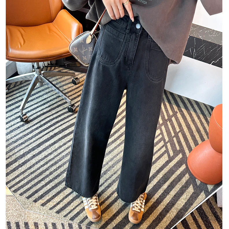 洋气黑灰色前口袋直筒牛仔裤女秋新款梨形身材宽松显瘦阔腿九分裤
