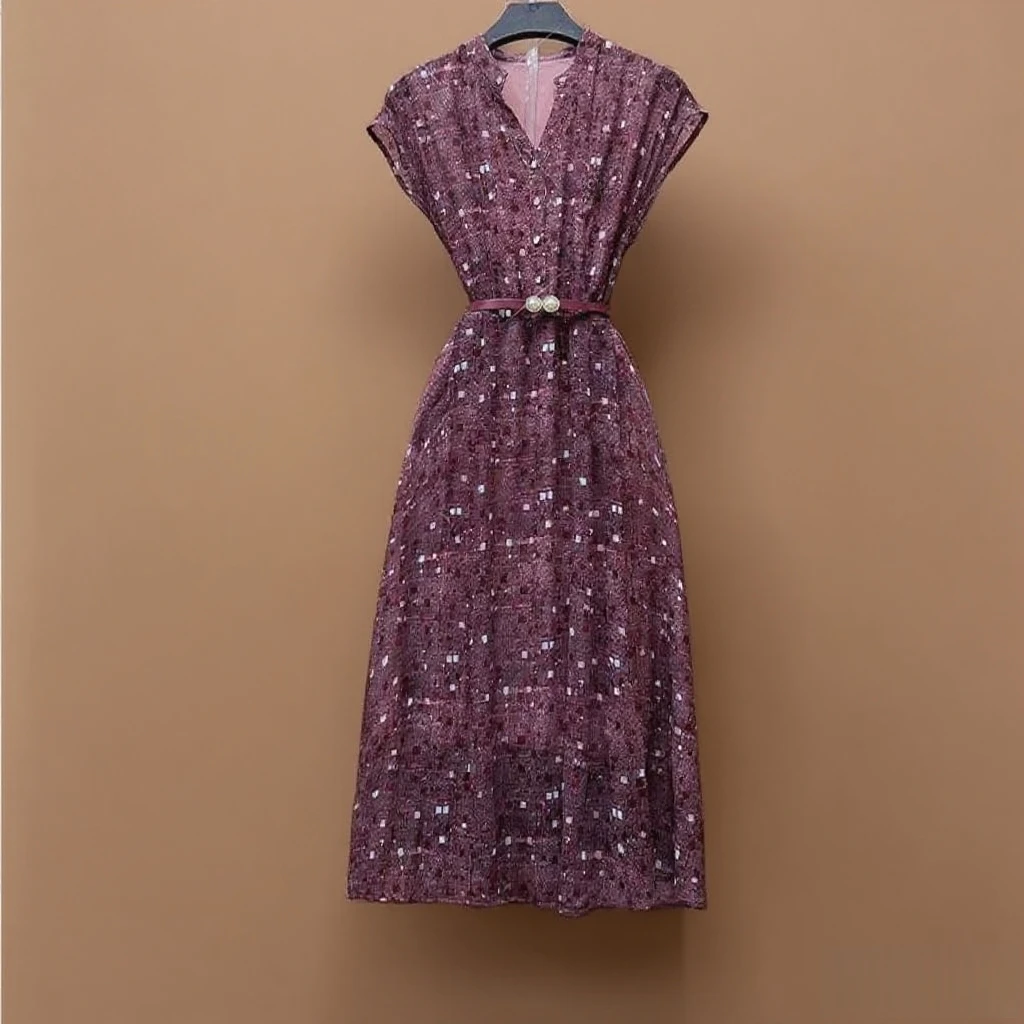 安哥拉红印花连衣裙专柜桑蚕乔其纱高腰设计感A1800663