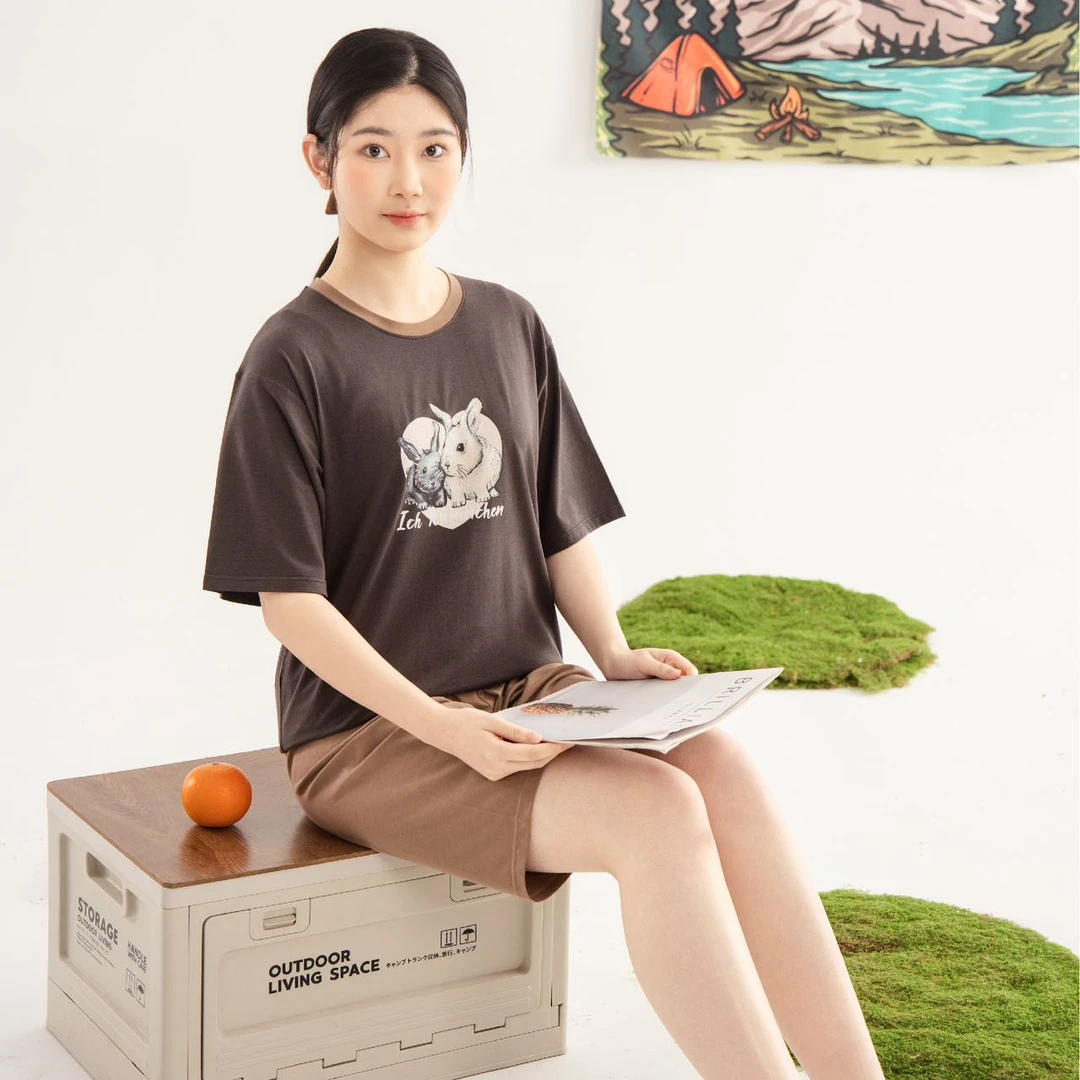 洛洛青少年春夏圆领短袖中裤家居服 爱心小兔 LM2H7112