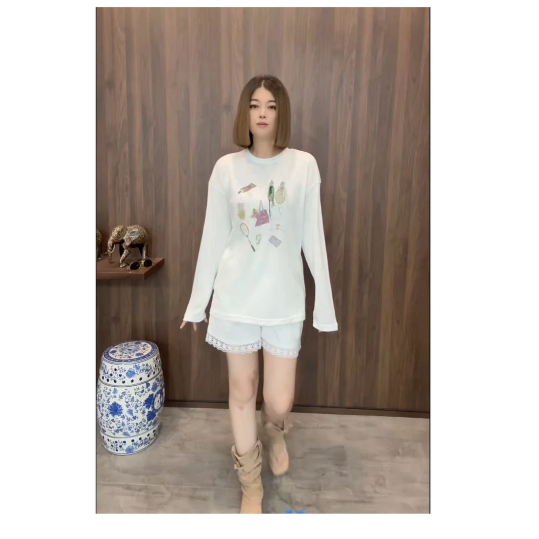 三哈宫-《手工摇绳印花T》超薄超滑立体摇绳印花圆领长袖T防晒女士