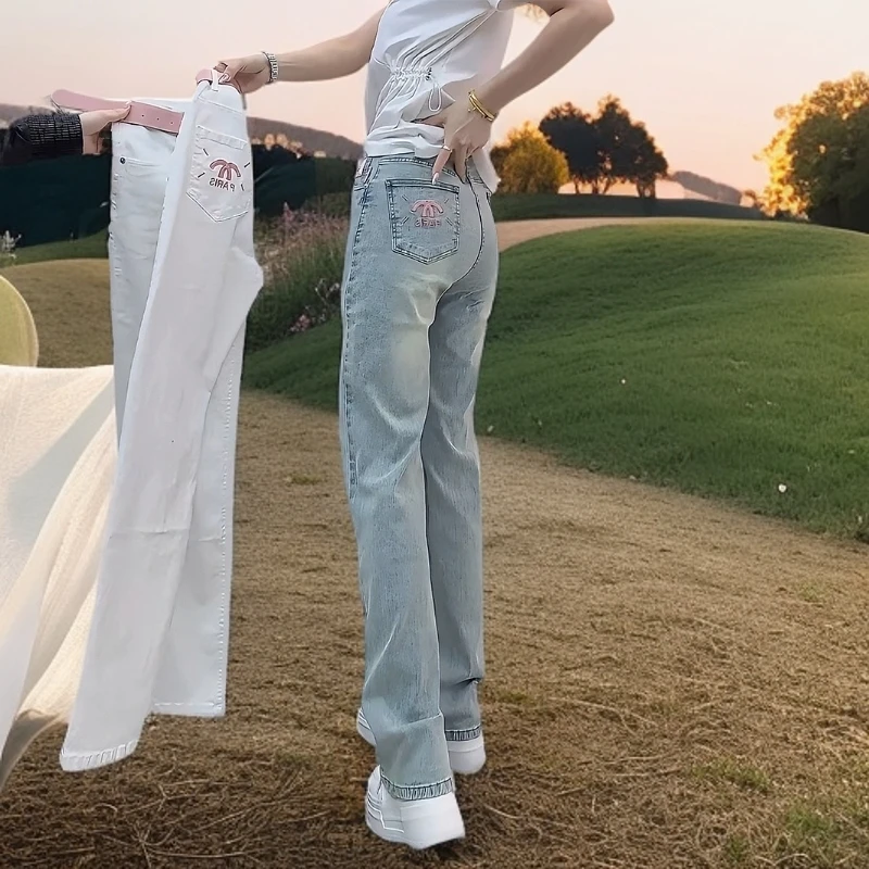 秋季爆款弹力显瘦刺绣窄版直筒牛仔裤大码遮肉遮胯百搭阔腿拖地裤