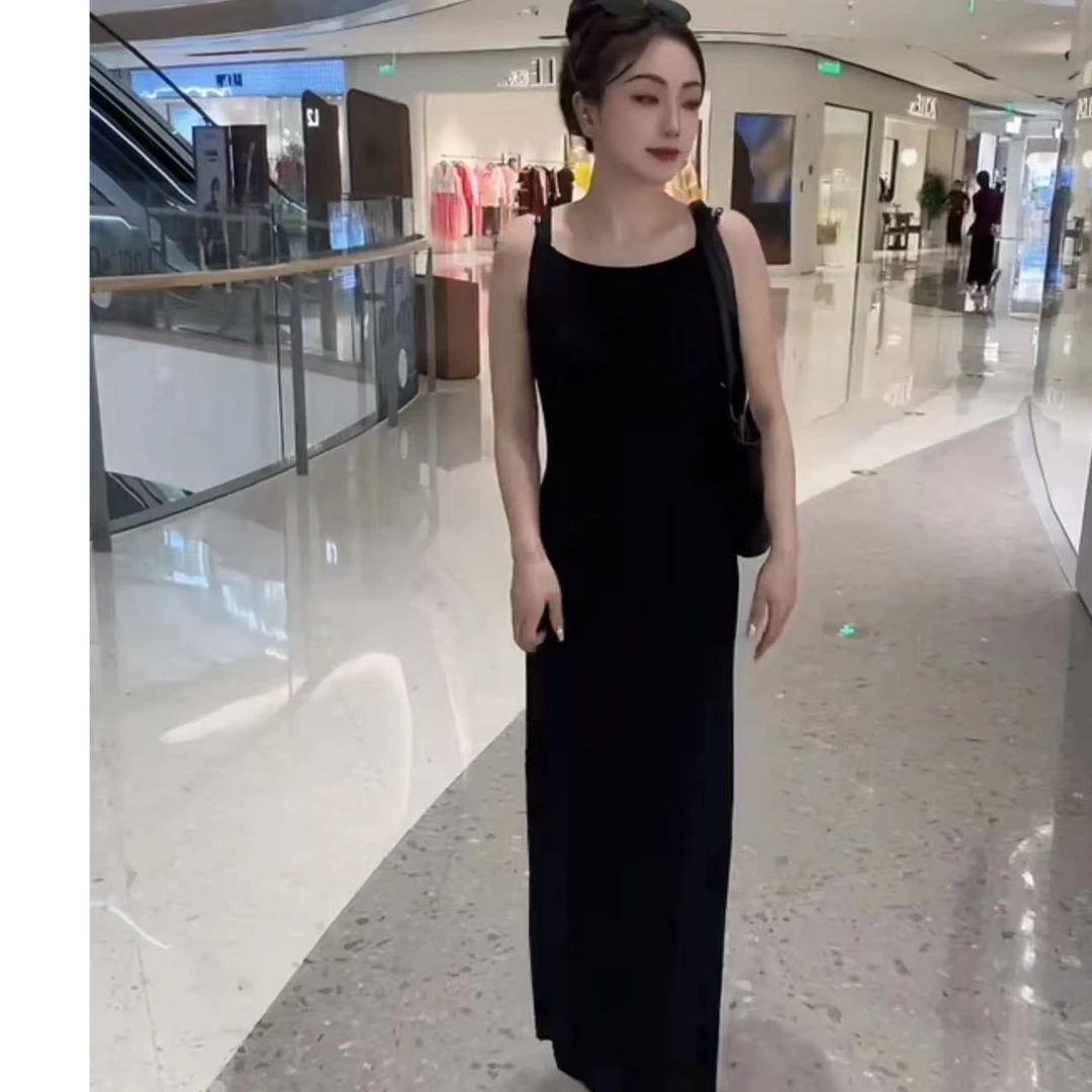 艾家同款针织时尚连衣裙气质显瘦中长款开叉吊带9875