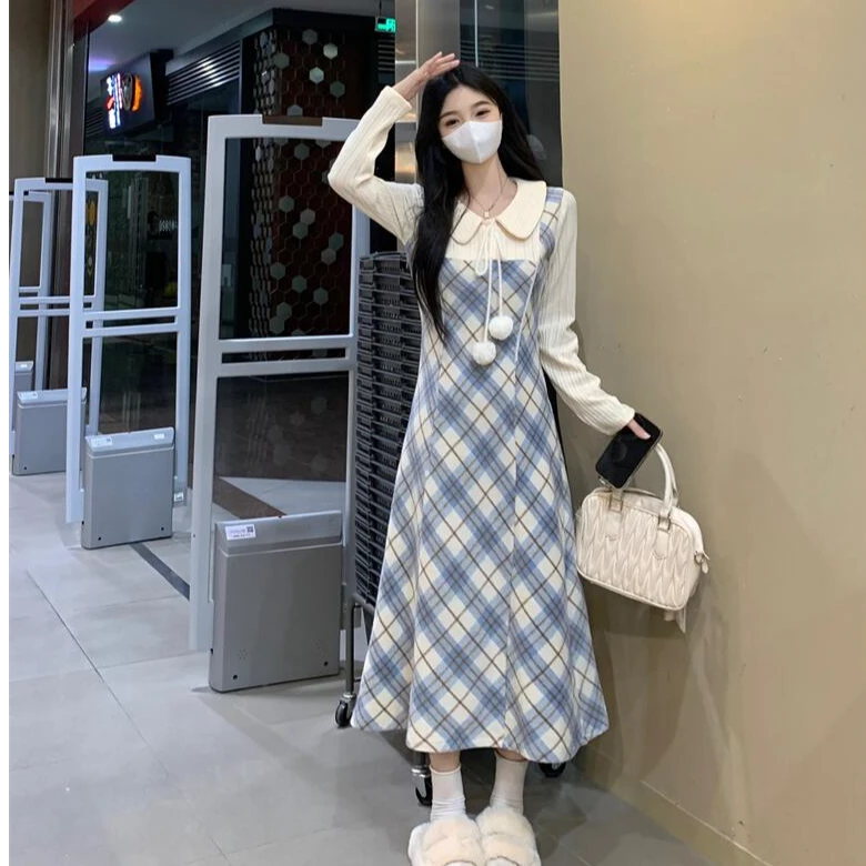 温柔学院风长袖假两件连衣裙2024秋新款高腰裙子胖mm遮肚显瘦1652