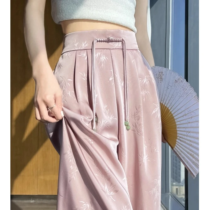 夏季2025新款今年流行爆款垂感休闲裤新中式国风提花缎面阔腿裤女