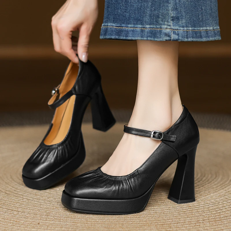 旗袍模特走秀高跟鞋女白色防水台厚底粗跟软底单鞋方头真皮工作鞋