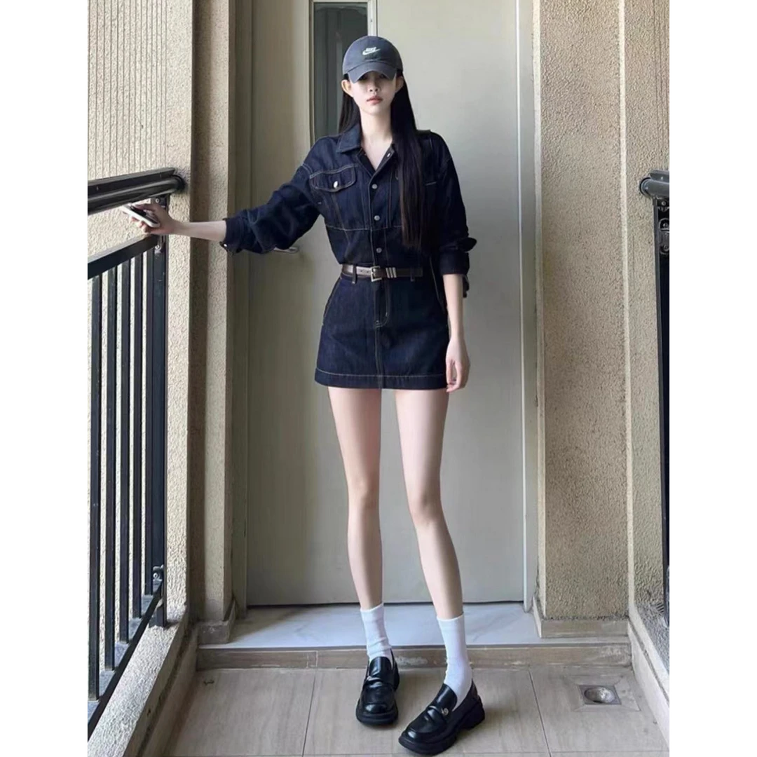 chic港风复古水洗牛仔连衣裙女春秋气质收腰设计感短款长袖衬衫裙