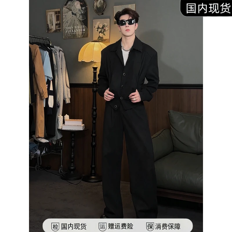 冬季新款男士复古时尚套装高级感简约翻领夹克百搭直筒长裤两件套