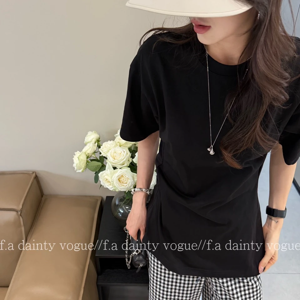 F.A[大蛮腰]夏季时尚圆领短袖T恤宽松休闲显瘦收腰简约半袖