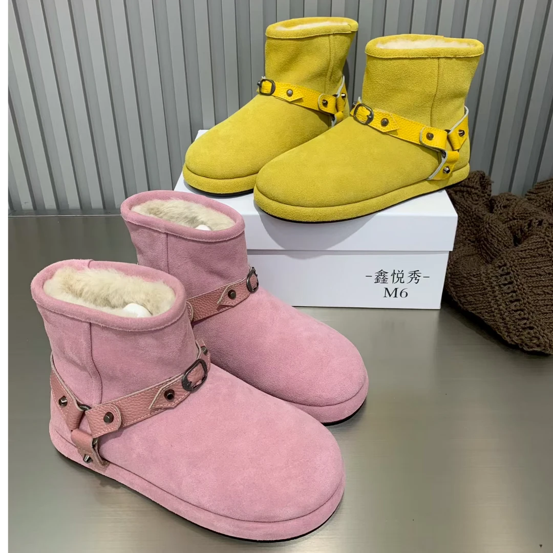 欧货时尚真皮豹纹加绒短靴女平底休闲短筒一脚蹬女切尔西靴雪地靴