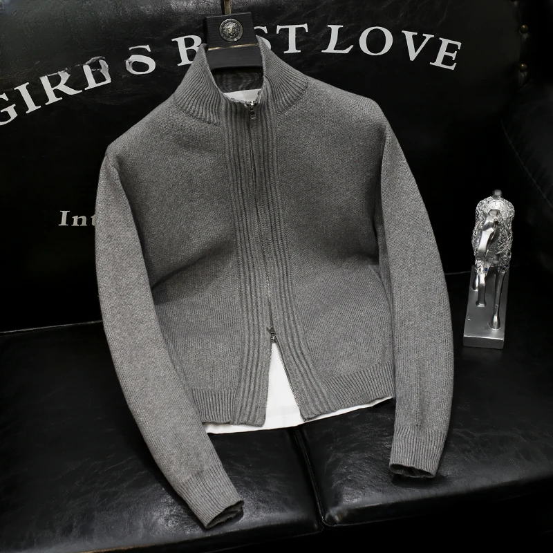 潮牌高街痞帅开衫毛衣外套男士秋冬季潮流简约休闲宽松立领针织衫
