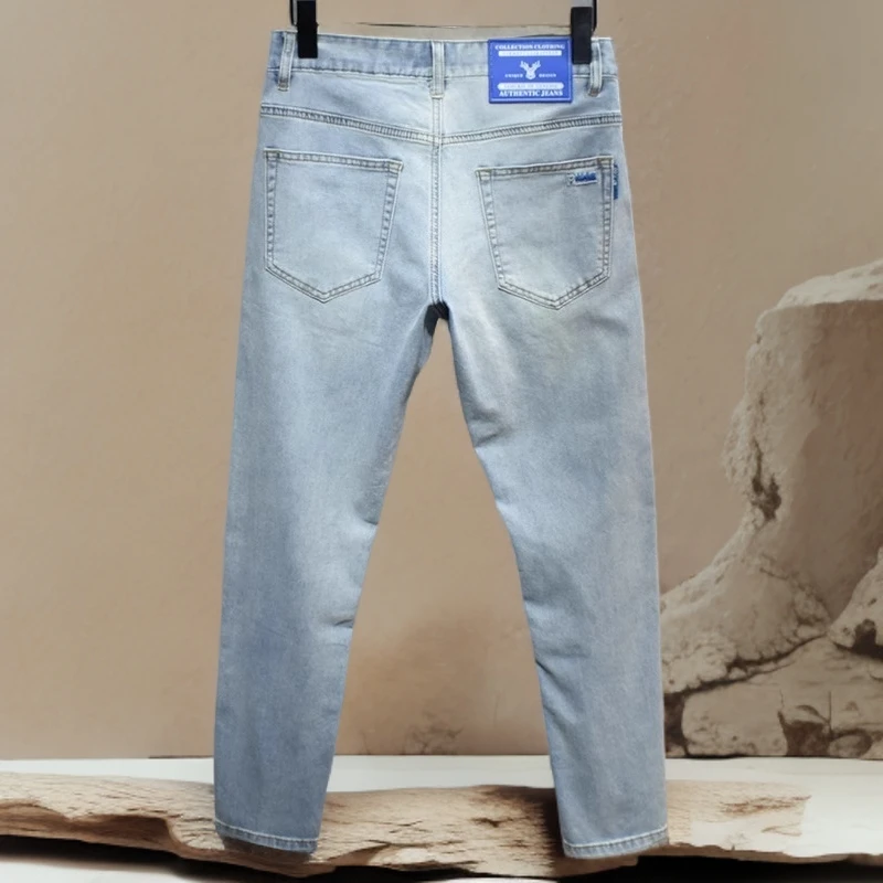 诺顿雷斯新款男士夏季薄款九分裤子弹力修身小直筒蓝白色牛仔长裤