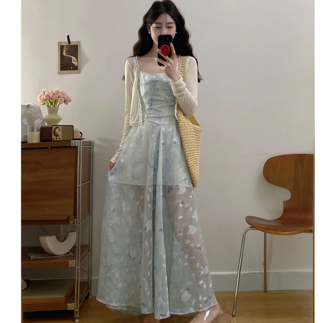 9861#花期如梦法式绝美气质蓝色碎花收腰显瘦吊带连衣裙