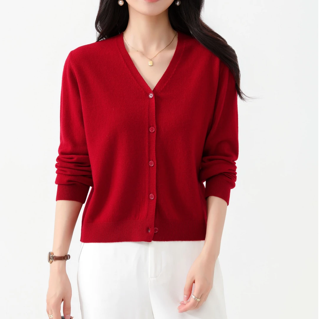 【甄织澜】纯色V领开衫【100%绵羊毛】春秋时尚修身针织羊毛衫8191