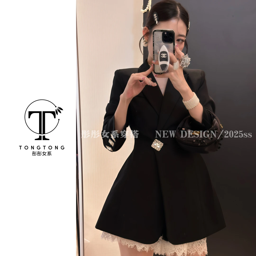 TongTong女系 法式长袖修身百搭通勤秋冬戗驳领女神西装外套