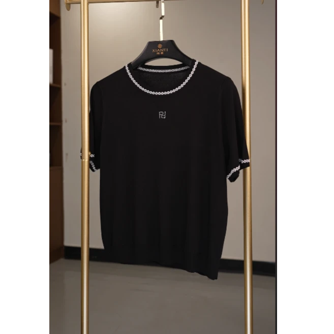 【轻奢-清凉】时尚百搭烫钻撞色提花圆领短袖针织衫女夏-2502080