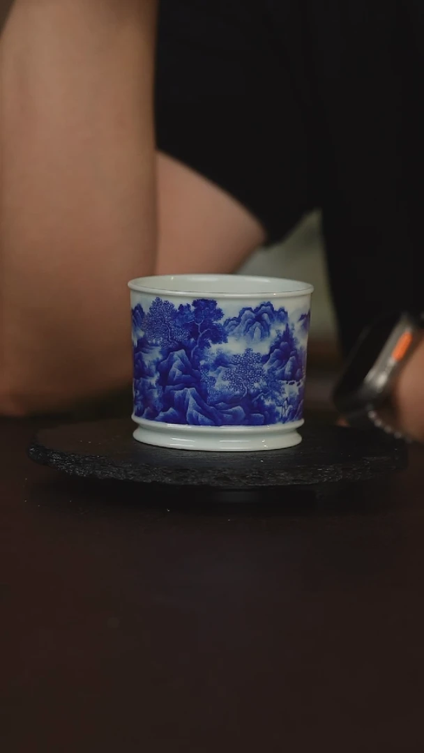 景德镇纯手工手绘青花山水容天杯