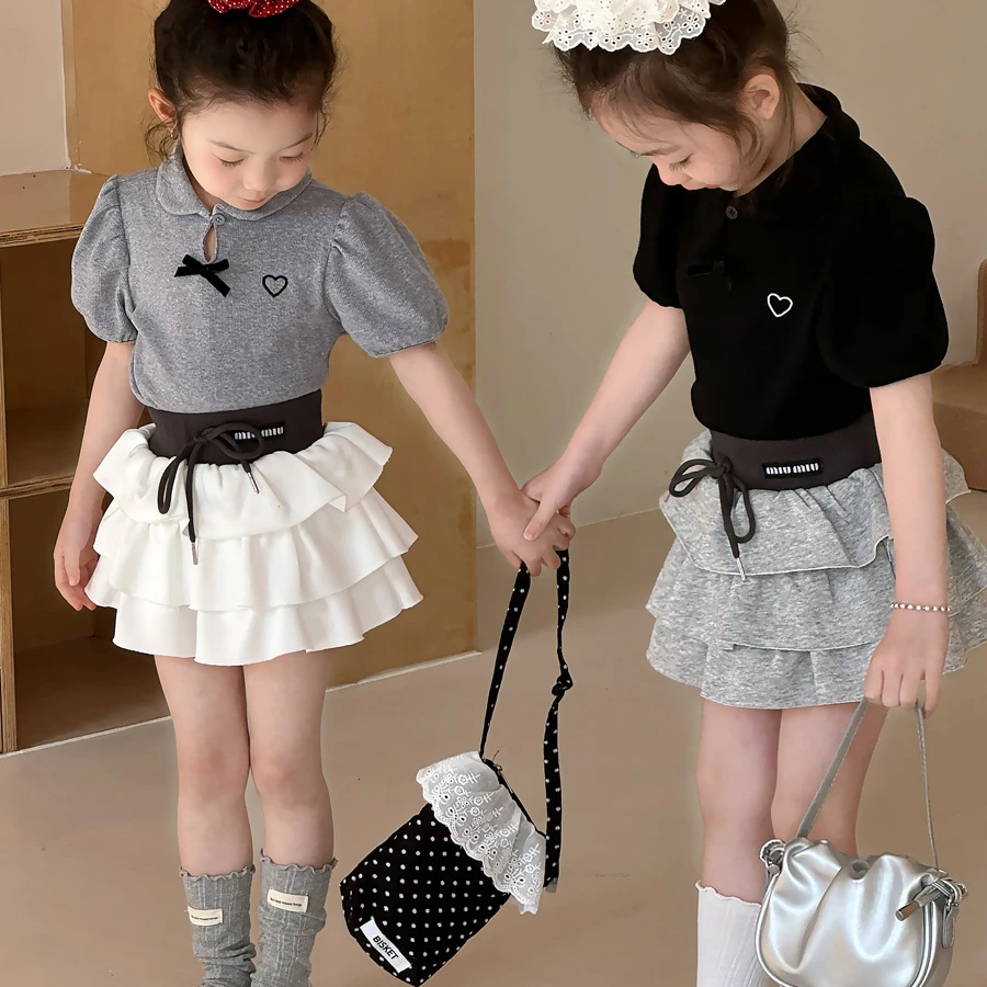 2025女童夏季韩版娃娃领蝴蝶结泡泡袖短袖T恤女宝宝幼儿园套装