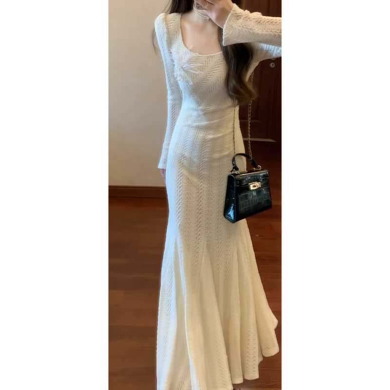 杏白色加厚弹力蕾丝连衣裙修身鱼尾裙女神范气质长裙89357