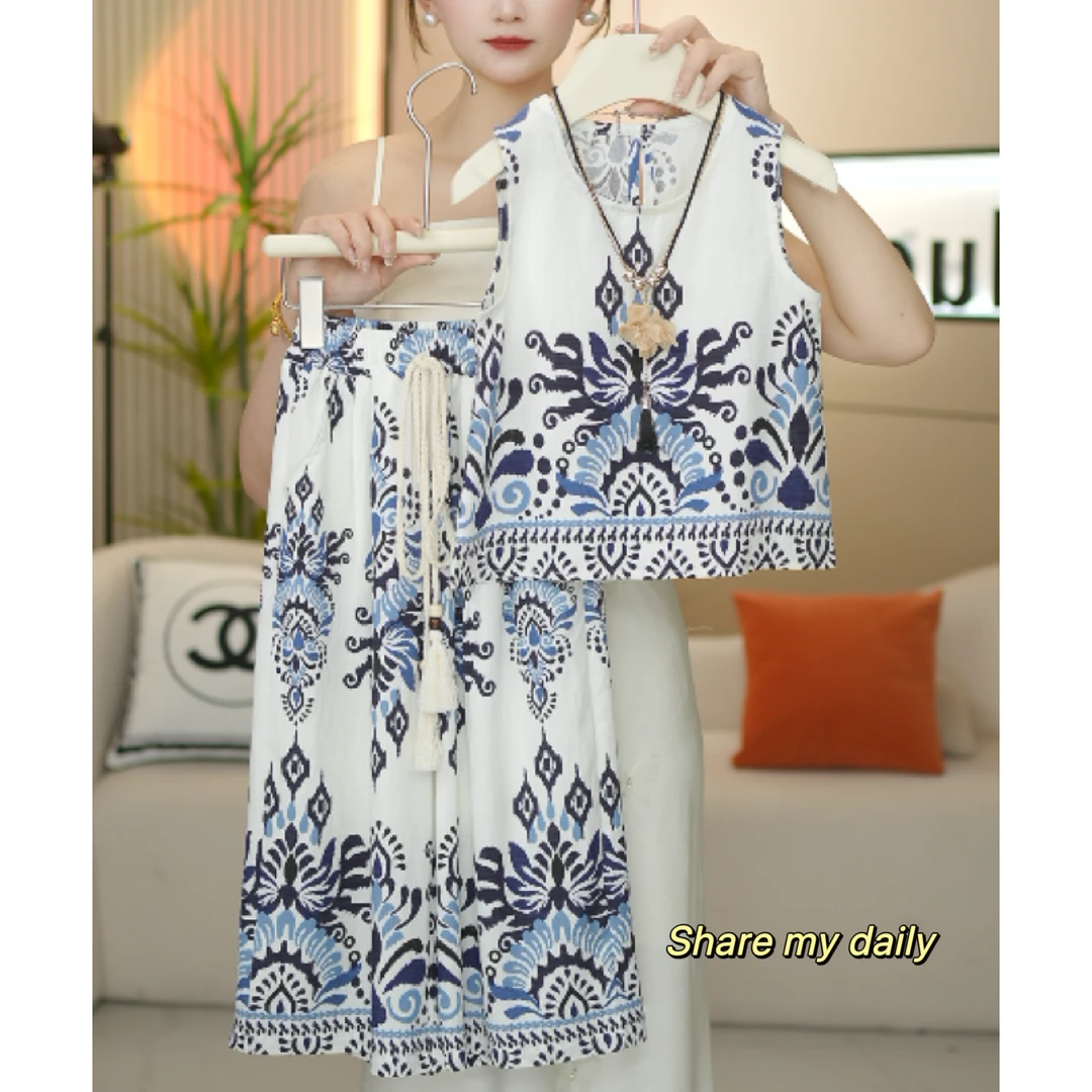 【送项链】女童民族风无袖套装2025新款夏季背心阔腿裤薄款防蚊裤