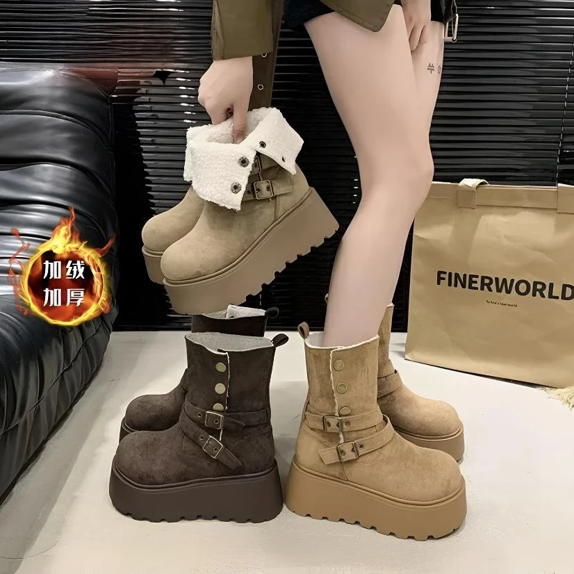 冬季新款一鞋两穿短靴中筒靴时尚百搭厚底防滑舒适增高女款棉靴G