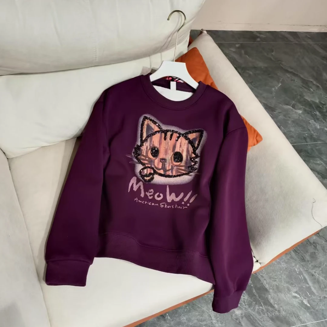 2025秋冬新款圆领加绒猫咪印花卫衣休闲时尚显瘦上衣82955长56