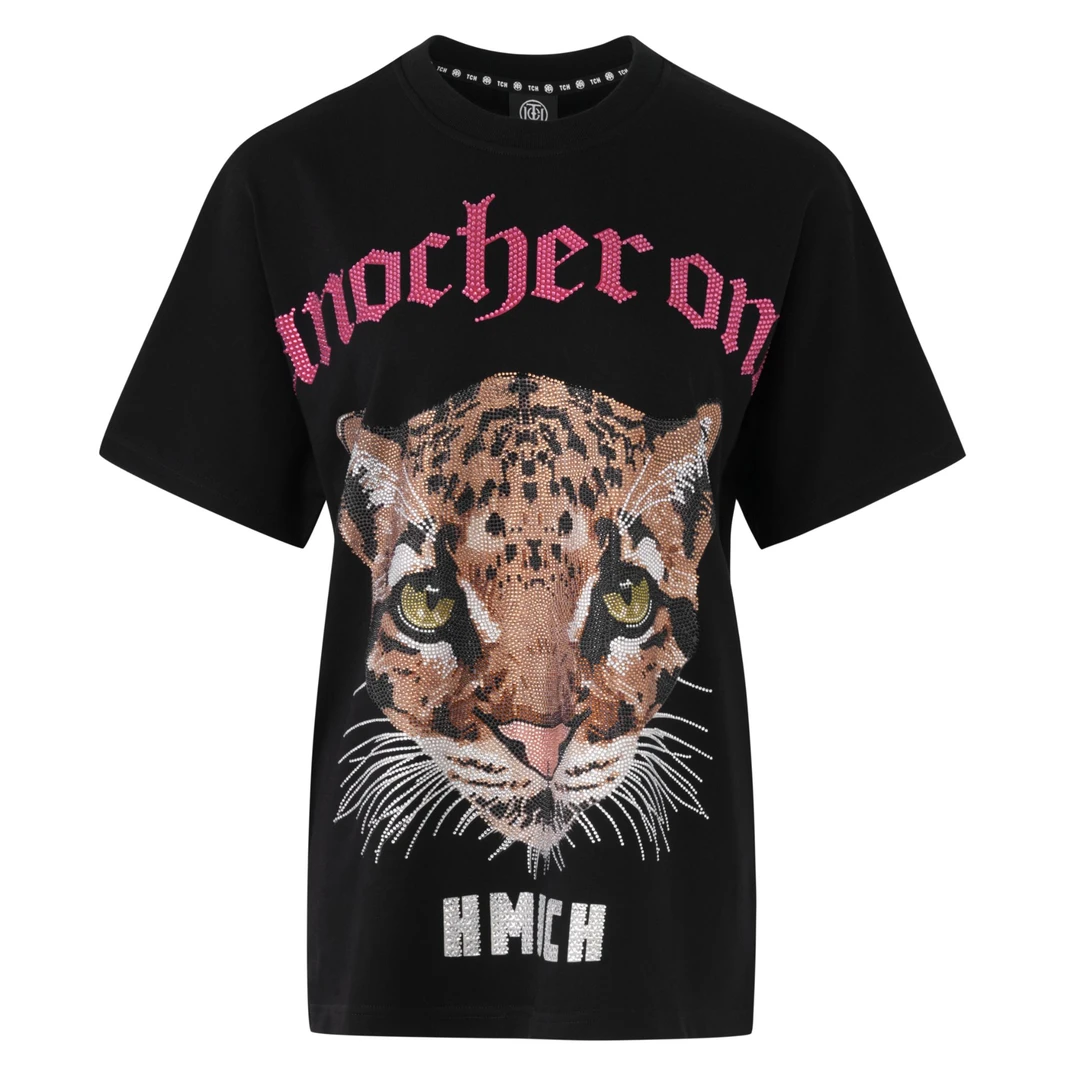 TCH-轻奢潮牌豹子字母烫钻时尚休闲舒适黑圆领T恤T72B10E6021