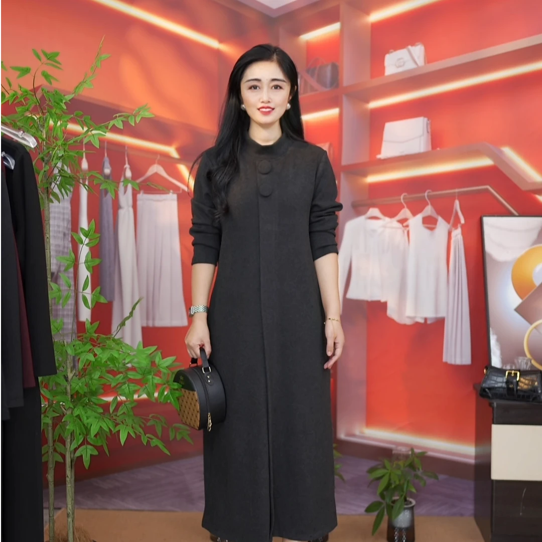 高领秋季长袖中长裙休闲风连衣裙时尚显瘦穿搭女装黑色