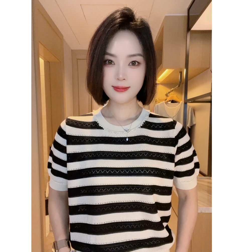 100莱赛尔天丝-珍珠领女士休闲百搭针织衫夏季修身设计感