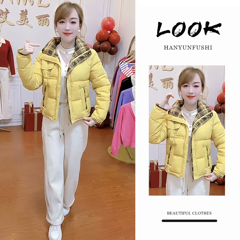加厚时尚格子拼接棉服女2025冬季新款洋气小个子短款保暖棉袄外套