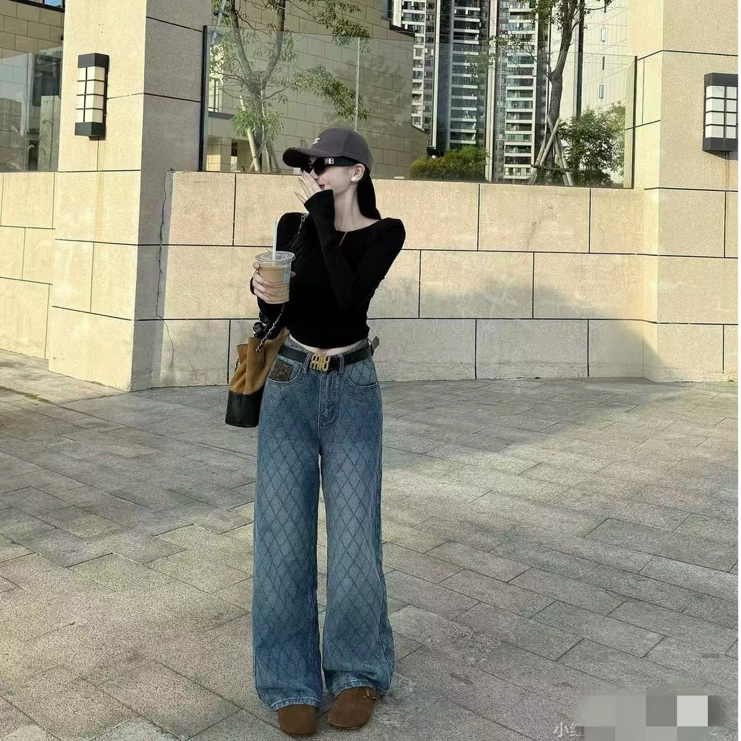 柒柒——显瘦百搭无弹高腰牛仔裤复古蓝杏色阔腿6757
