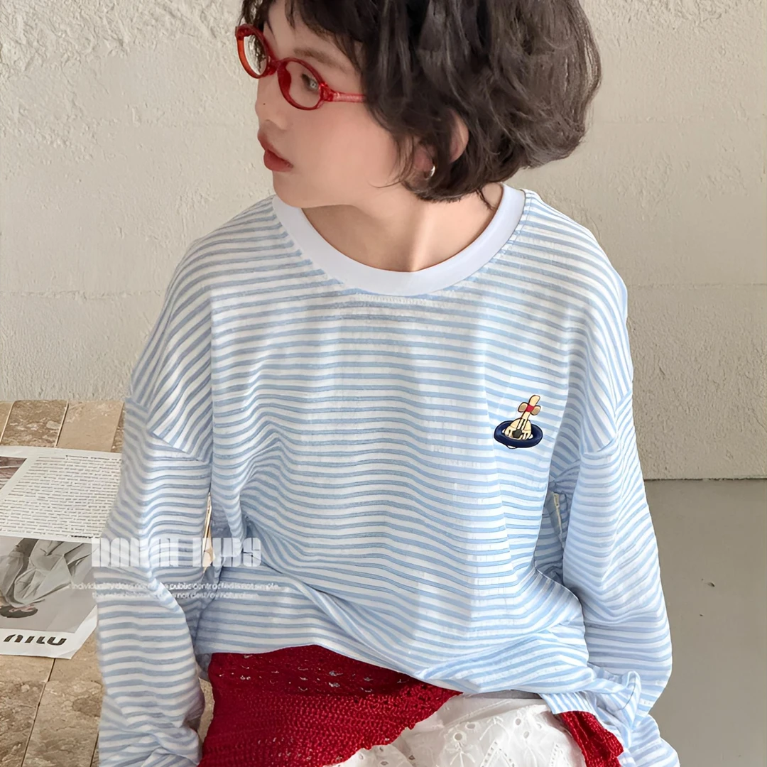 【嗒囜】时尚童装女童春装2025新款条纹长袖T恤儿童圆领宽松版上