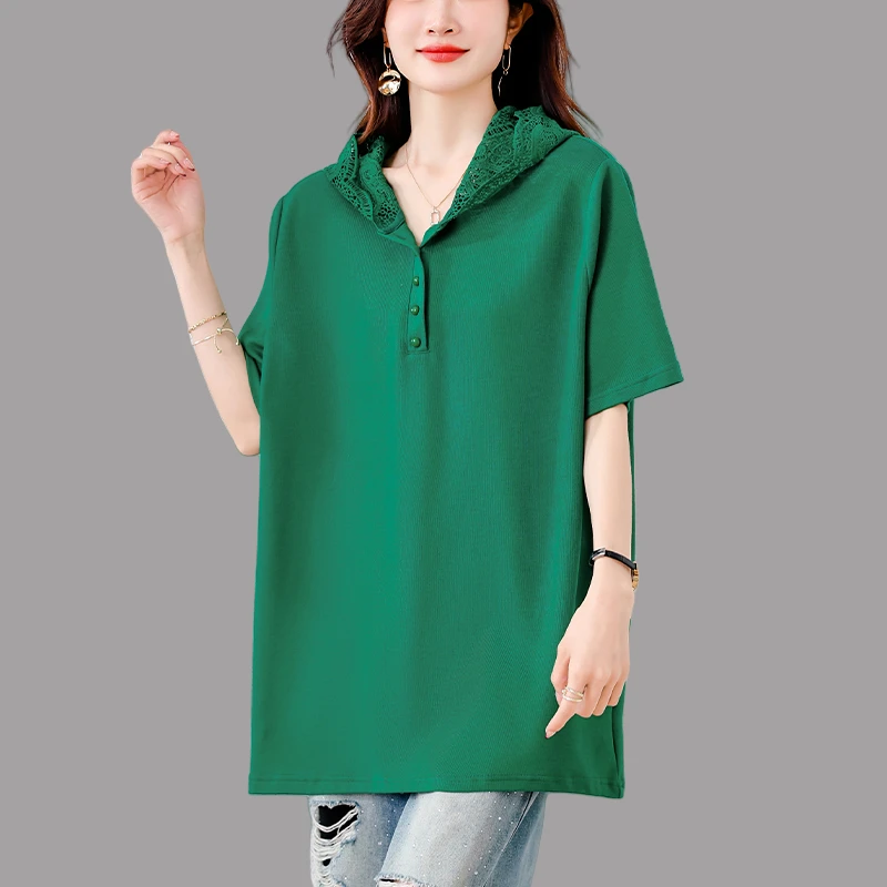 时尚连帽蕾丝短袖t恤女2025年夏季新款大码宽松遮肉显瘦百搭上衣