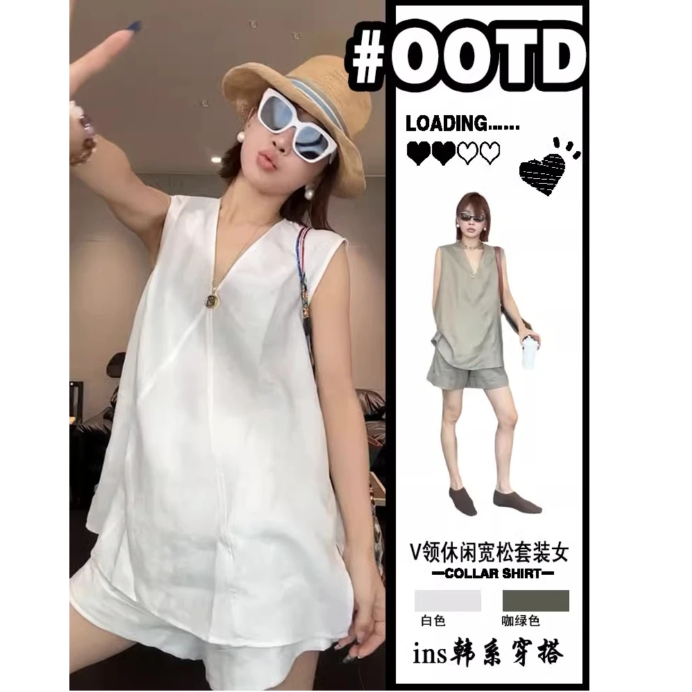夏韩系大码套装女亚麻套薄款V领棉麻无袖背心衬衫显瘦短裤两件套