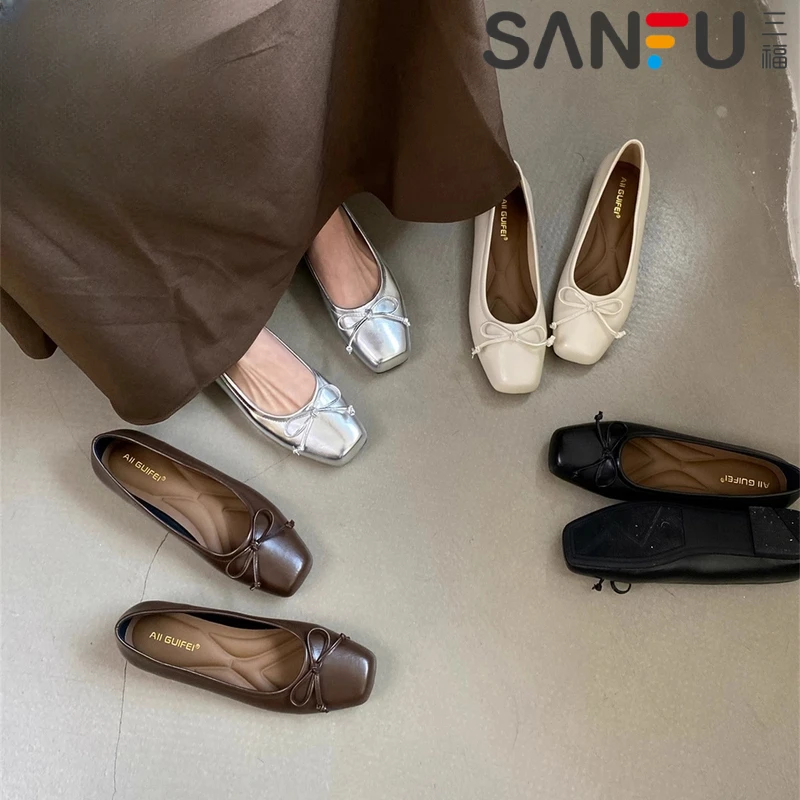 三福仙女风温柔鞋女2025年春季新款蝴蝶结方头平底单鞋浅口豆豆鞋
