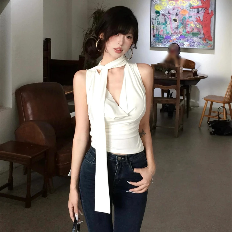 纯欲白色飘带挂脖荡领背心女性感V领莫代尔无袖短上衣紧身打底衫