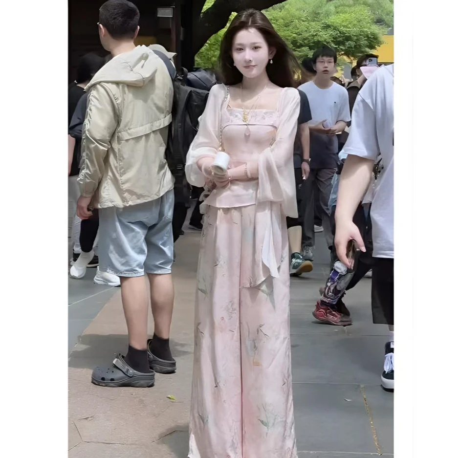 夏季新中式国风禅意高级感印花吊带上衣防晒开衫休闲长裤三件套装