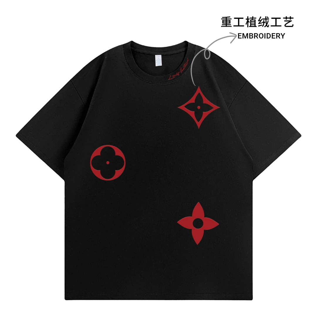 【现货-重工】潮牌老花图案植绒纯棉T恤男女款夏宽松高克重短袖K36