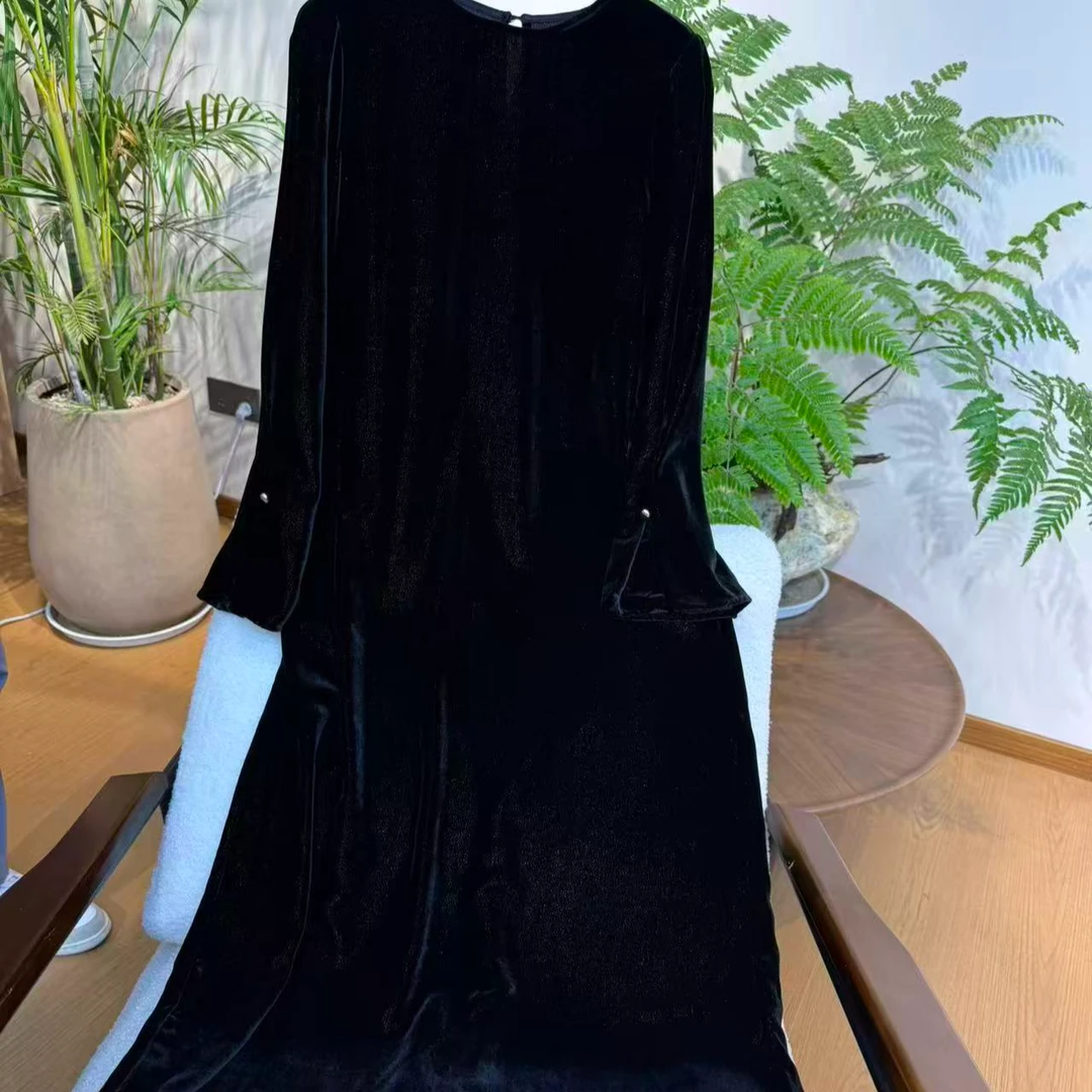 TANTAN 100真丝气质显瘦时尚简约圆领法式连衣裙2930