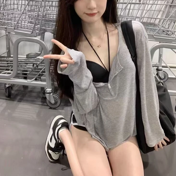 韩版宽松长袖薄款T恤女春秋百搭休闲设计感显瘦微透罩衫