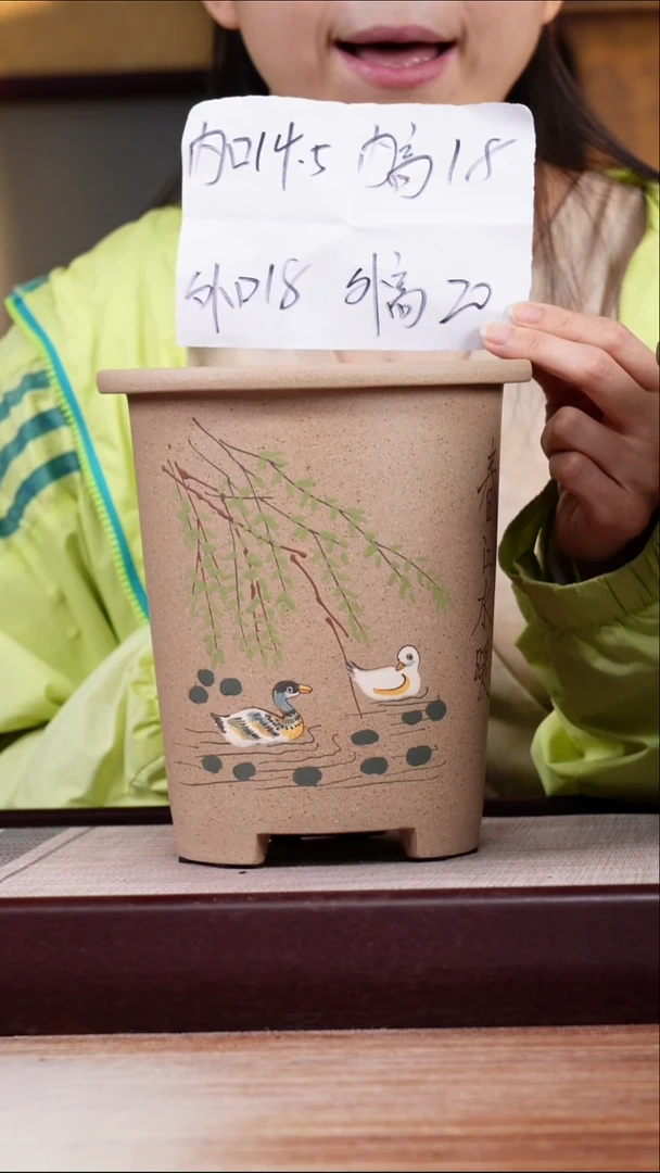 紫砂花盆绘鸭子圆盆一只带托盘