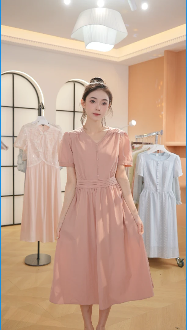 Z8297夏新款女装短袖连衣裙轻奢时尚收腰中长款裙子