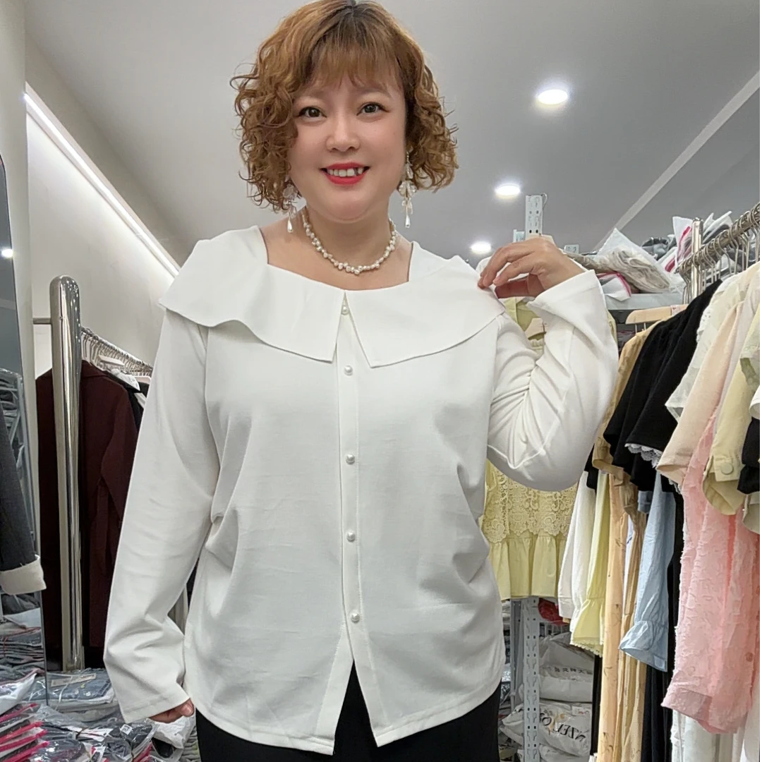 001设计感娃娃领长袖上衣秋季胖MM大码百搭宽松减龄纯色打底衫女