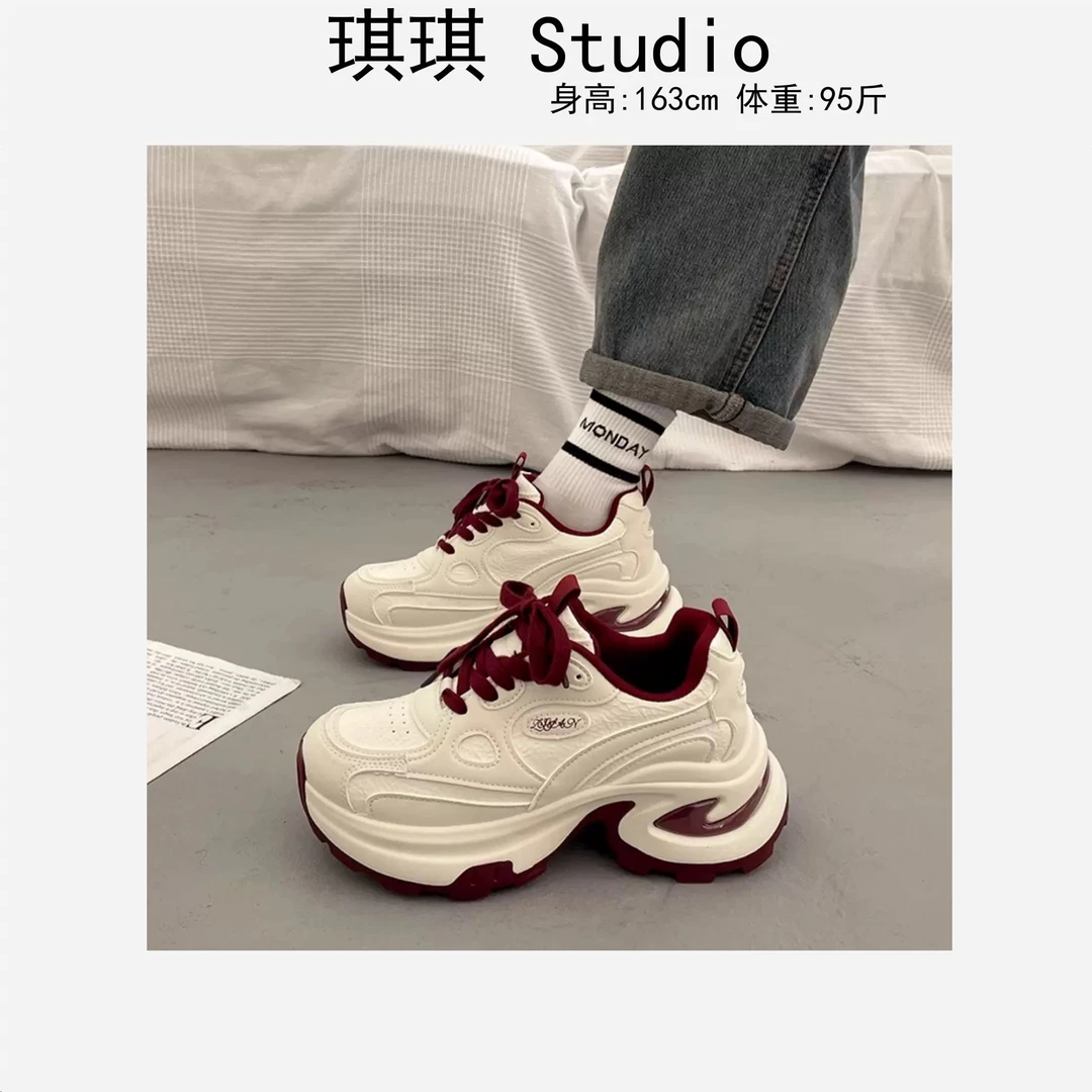 春季新款潮流气质时尚舒适厚底红色系带运动休闲百搭老爹鞋-F2